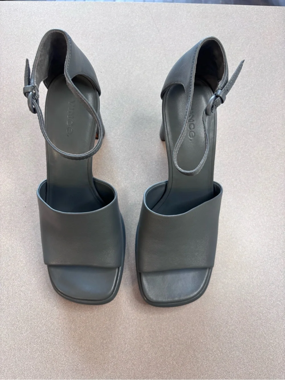 Vince Amara Gray Ankle-Strap Platform Block Heels Modern Minimalist
